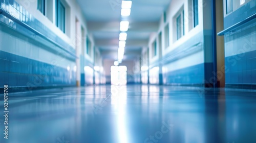 A long hallway with a blue wall and a blue floor. The hallway is empty and the light is on