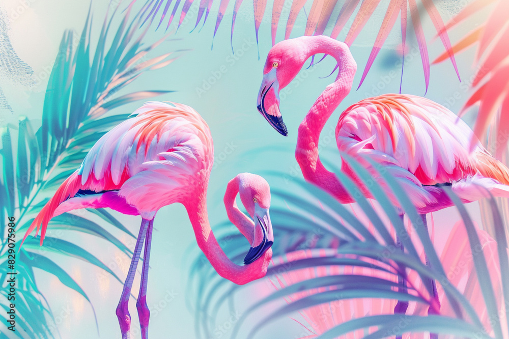 Obraz premium Beautiful pink flamingos on a tropical and palm leaves background. Vibrant pink and aqua blue holographic colors. Modern illustration.