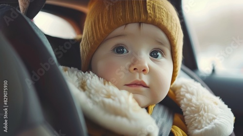 A baby wearing a yellow hat and a white coat is sitting in a car seat. The baby has blue eyes and is looking out the window