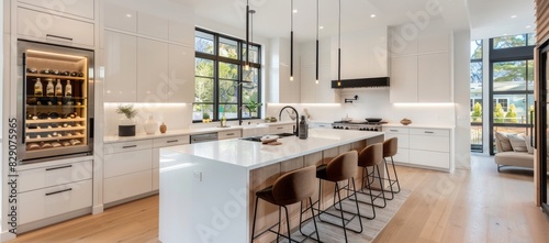 Modern kitchen in new luxury home with island, a double oven, and panoramic windows with a garden view
