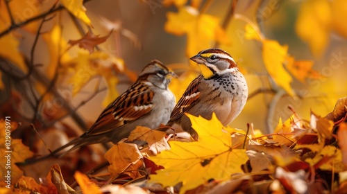 White throated Sparrow resting on a tree filled with leaves