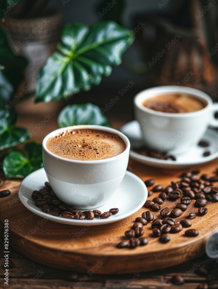 Two cups of coffee placed on a wooden tray with coffee beans spread around them. Generative AI Two cups of coffee placed on a wooden tray with coffee beans spread around them. Generative AI
