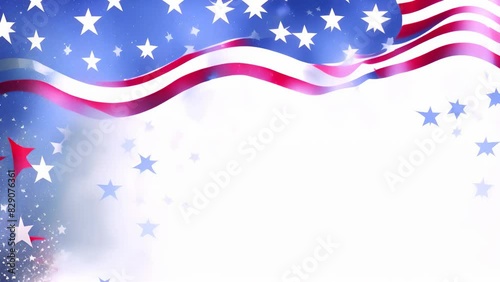 Red, white and blue stars falling from American Flag on white background with copy space.