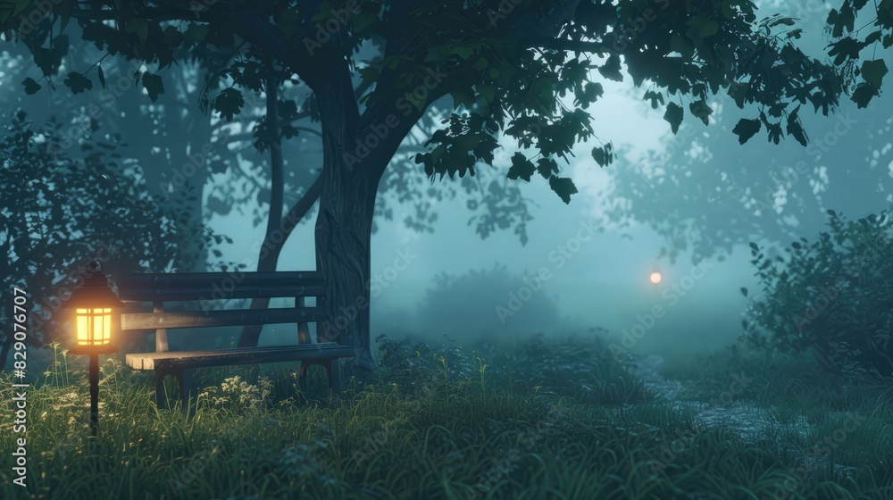 Early morning scenery with a lantern and a seat