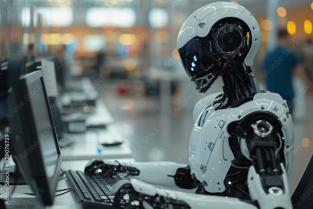 Robot Sitting in Front of Laptop Robot Sitting in Front of Laptop