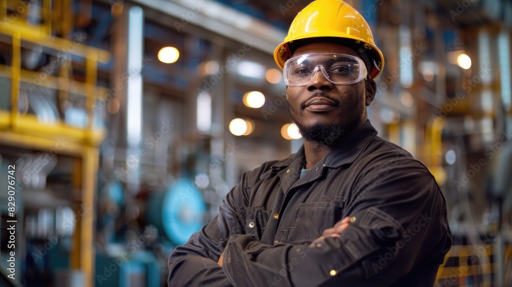 African American male engineer in work attire posing at manufacturing plant African American male engineer in work attire posing at manufacturing plant