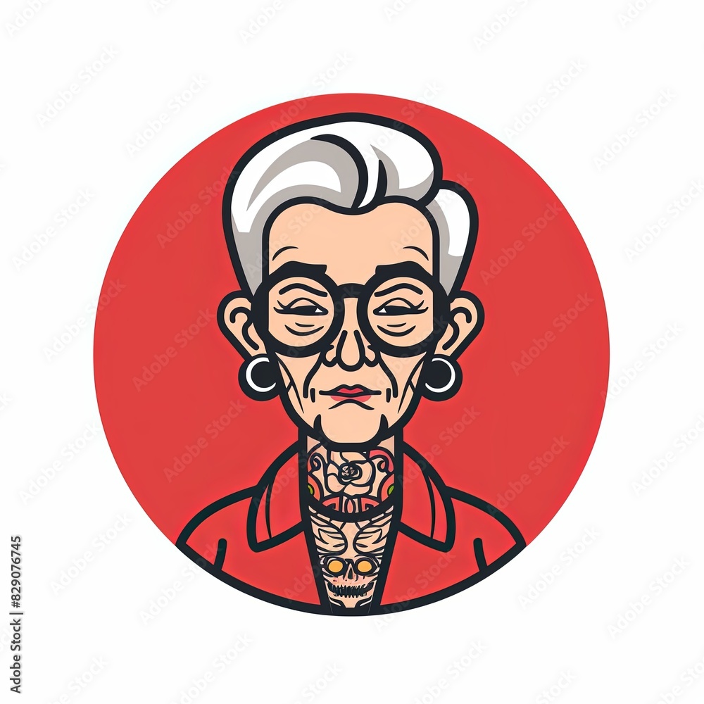 A woman with tattoos and glasses is shown in a red circle