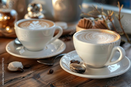 Two cups of steaming coffee resting on a wooden table surface. Generative AI