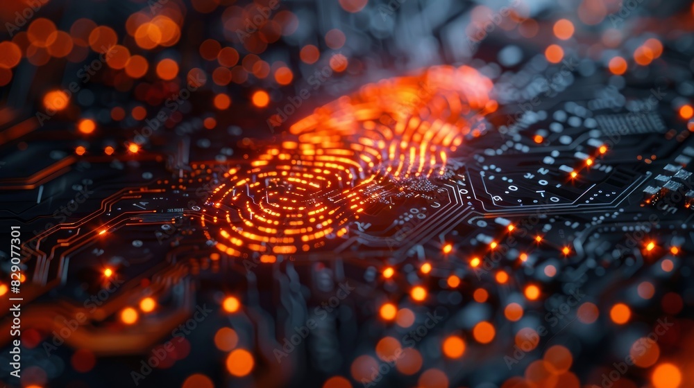 3D illustration integrates fingerprint with printed circuit, symbolizing digital security. 3D illustration integrates fingerprint with printed circuit, symbolizing digital security.