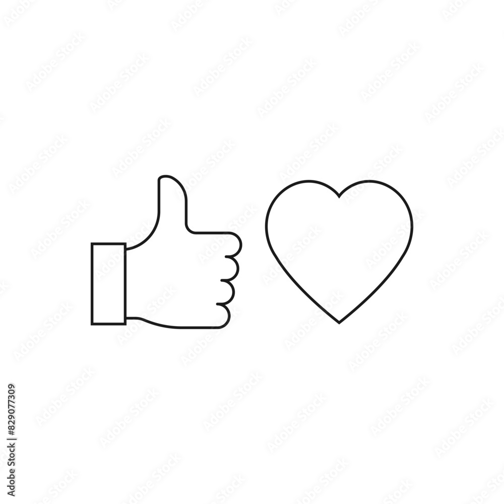 Like and love. Thumbs up and Heart icon line style isolated on white background. Vector illustration Like and love. Thumbs up and Heart icon line style isolated on white background. Vector illustration