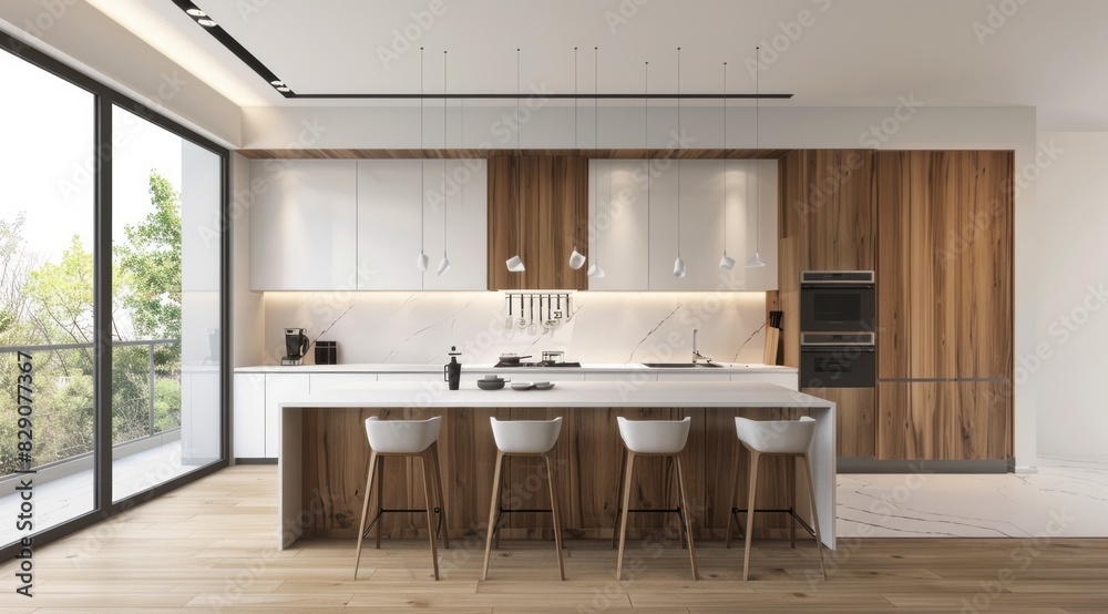 Modern kitchen in new luxury home with island, featuring a waterfall countertop and minimalist decor