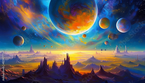 Fantastic landscape with beautiful nature,mountains and surreal bright clouds and planets in the sky