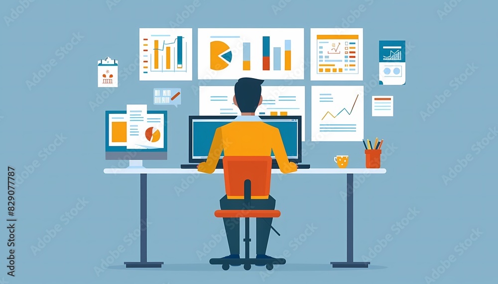 Imagine a flat design of a UXUI designer presenting a usability report Imagine a flat design of a UXUI designer presenting a usability report