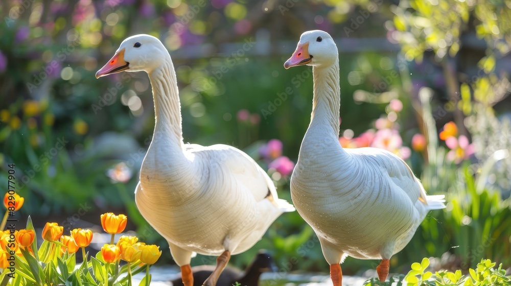Obraz premium Two white geese strolling in the garden