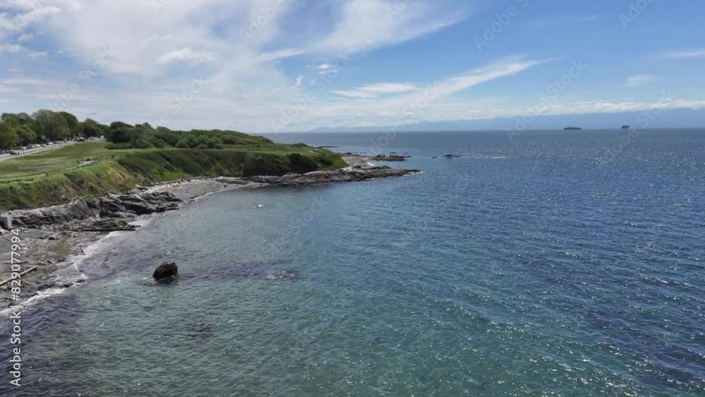 aerial forward flight along coastline of James Bay District, Victoria, BC next to Dallas Rd and along Holland Point Park with people walking and tree trunks stranded on the shore, aerial Video Footage
