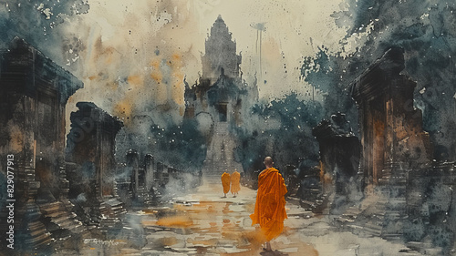 Watercolor paintings of Buddhist monks Was on a pilgrimage to an old temple in Ayutthaya. generative ai photo