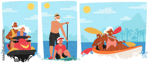 Happy Elderly Couples Enjoying Outdoor Adventures On A Sunny Day. Old Male and Female Characters Feature Jet Skiing