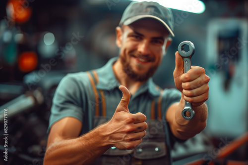 Closeup of a mechanic's hand confidently holding a wrench in a car repair shop.