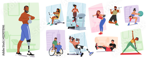 Vector Set Of Diverse Disabled Characters Actively Participating In Various Gym Exercises And Fitness Routines