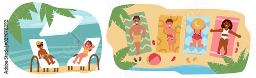 Children Enjoying A Delightful Day At The Beach, Some Kids Relax On Sun Loungers Under A Beach Umbrella, Vector