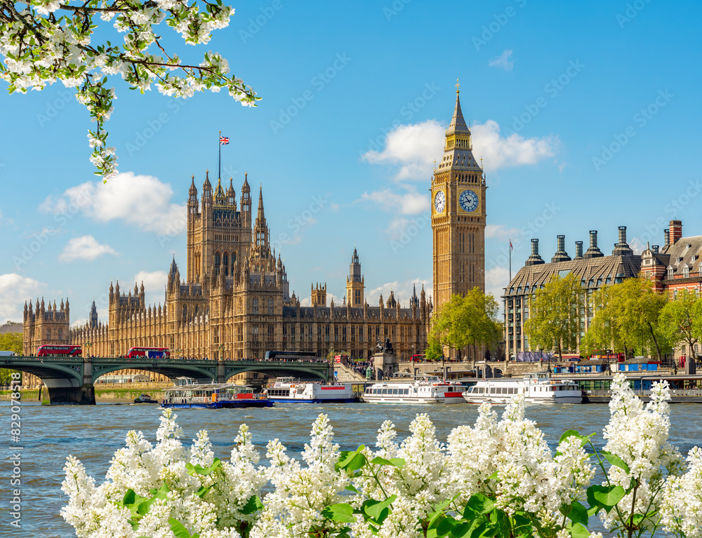 Big Ben tower and Houses of Parliament in spring, London, UK