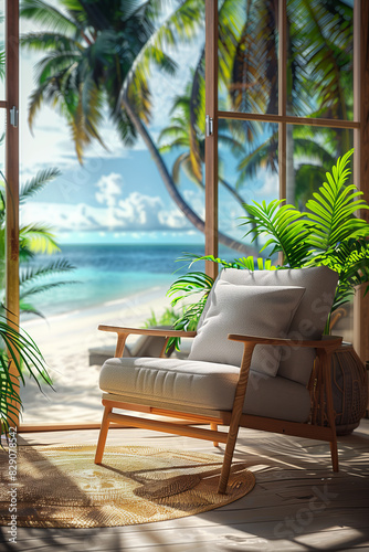 3D image of a resort in a modern interior  armchairs by the window  view overlooking the beach.