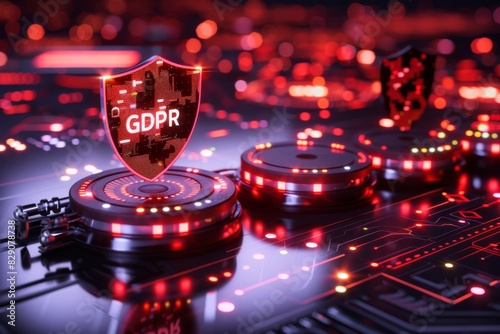 Glowing GDPR signage on tech-themed background with red lighting, showcasing regulation compliance in a cybernetic setting.