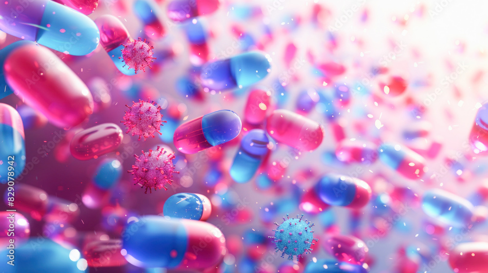 Numerous vibrant pink and blue pills float in the air, creating a colorful display