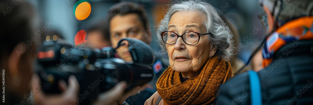 An elderly woman is being interviewed by a television reporter in the city.