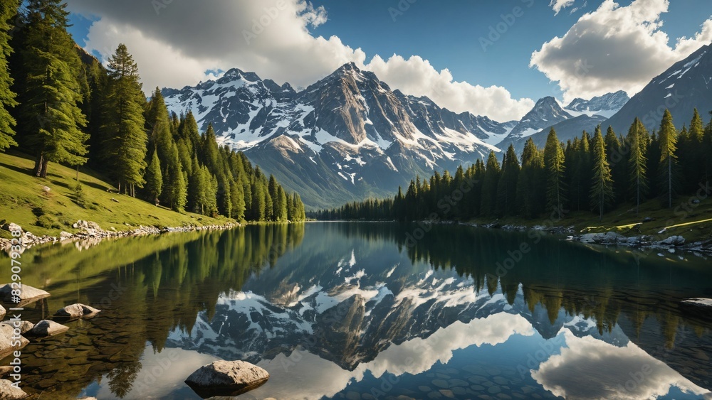 Pristine alpine lake surrounded by towering pine trees and majestic snow-capped mountains under a clear blue sky with fluffy clouds. Pristine alpine lake surrounded by towering pine trees and majestic snow-capped mountains under a clear blue sky with fluffy clouds.