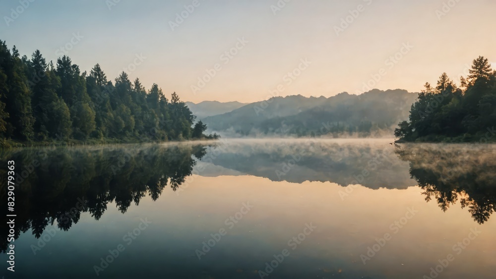 Serene mountain lake at sunrise with mist over the water, surrounded by lush green trees and reflecting a golden sky. Serene mountain lake at sunrise with mist over the water, surrounded by lush green trees and reflecting a golden sky.