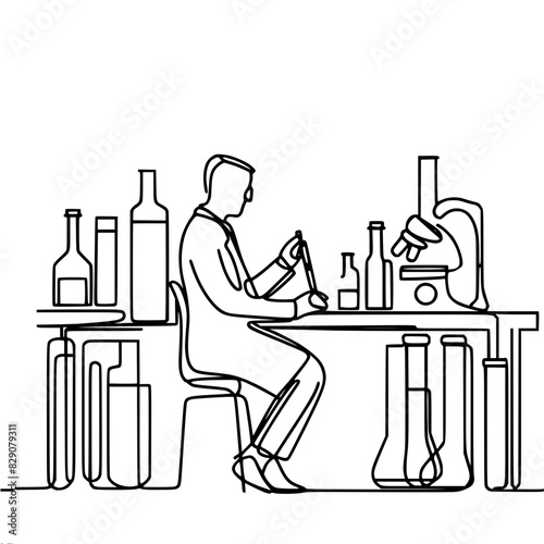 scientist with test tubes in laboratory, research, single black vector line drawing on white background