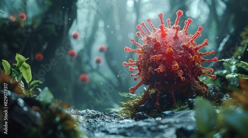 Focused view on red virus, surrounded by others viruses in the background, demonstrating expert perspective and precision