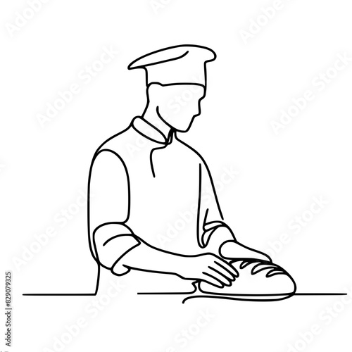 male chef, pastry chef, baked bread, single line vector drawing