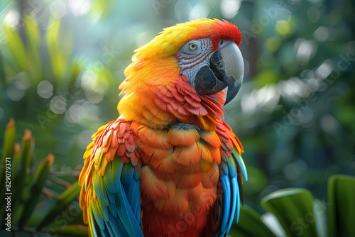 A colorful parrot perched in a tropical forest, adding vibrancy to its lush surroundings with its plumage. Concept of avian diversity and biodiversity. Generative Ai. © Sebastian