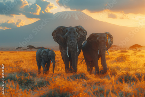 A family of elephants trekking through the African savanna, displaying maternal care and social bonds. Concept of wildlife conservation and elephant protection. Generative Ai.