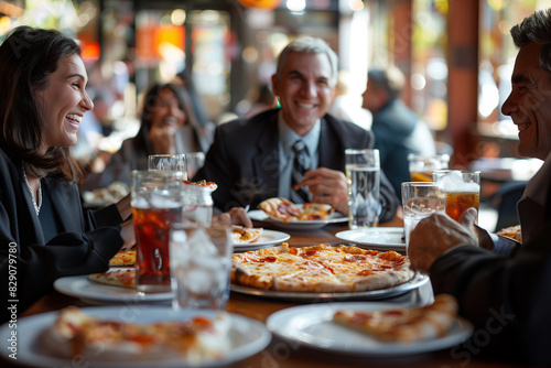 Selective focus of Caucasian businessman eating pizza together in restaurant.