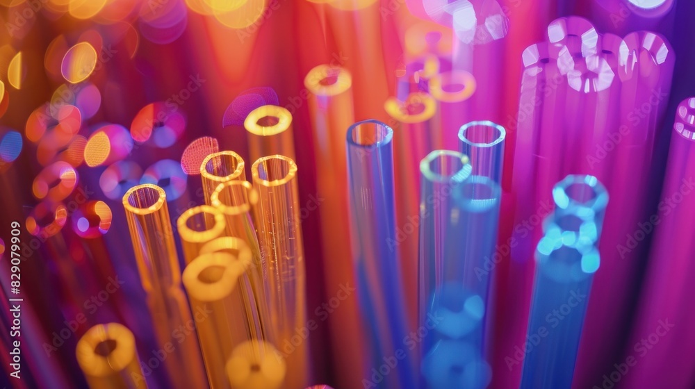 Collection of fiber optic cables with loose tubes, central strength member, water-blocking glass yarn, and ripcord, on a blurry technology background, multimode or single mode. Collection of fiber optic cables with loose tubes, central strength member, water-blocking glass yarn, and ripcord, on a blurry technology background, multimode or single mode.