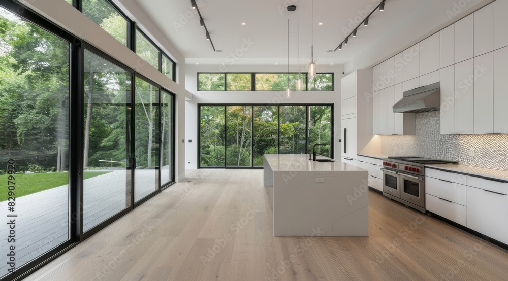 Modern kitchen in new luxury home with island, sleek white cabinets, and floor-to-ceiling windows Modern kitchen in new luxury home with island, sleek white cabinets, and floor-to-ceiling windows
