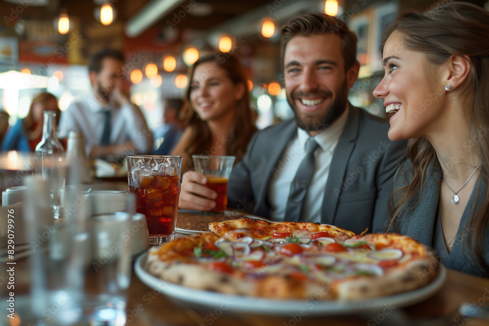 Selective focus of Caucasian businessman eating pizza together in restaurant.