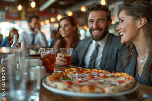 Selective focus of Caucasian businessman eating pizza together in restaurant.