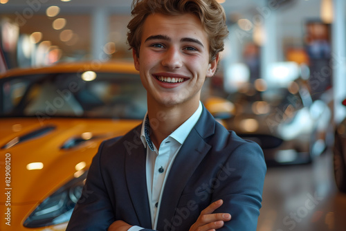 Caucasian male car salesman looking at camera with confidence In the sports car showroom. © S photographer