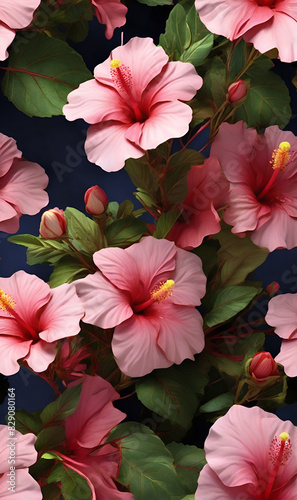 flower  Pink hibiscus  flowers on the background of plant leaves