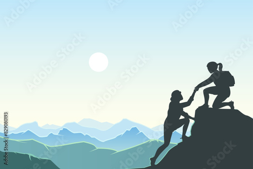 Trekking - Teamwork - Silhouette - Stock Illustration