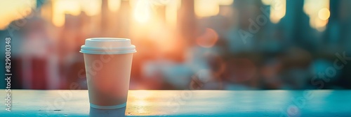 A takeaway coffee cup with a cityscape background during sunrise, depicts urban morning routine photo