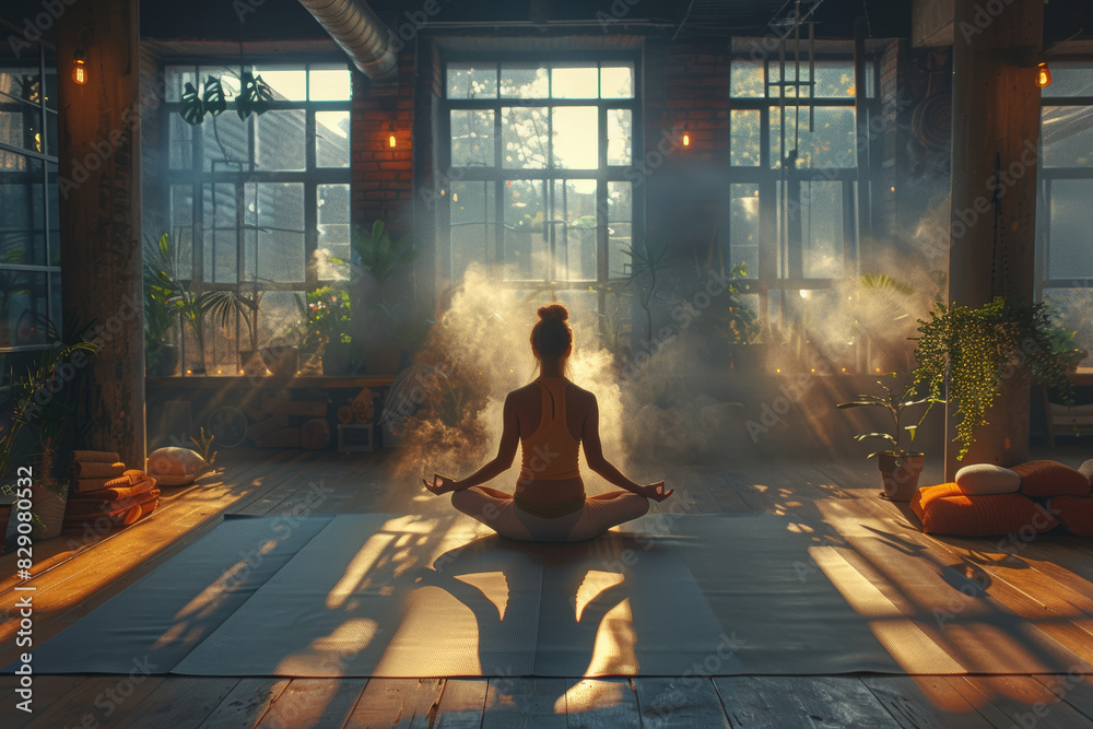 A tranquil yoga session in a sunlit studio, where participants find inner peace and harmony through gentle movements and deep breathing. Concept of mindfulness and self-care. Generative Ai.