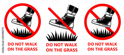 Do not walk on grass lawn, no allowed foot shoes step on garden green plant icon set. Prohibition stand in boots on park flowers. Forbidden person footsteps on herb field. Warning stop sign. Vector 
