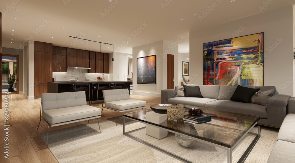Modern living room interior featuring a glass coffee table, contemporary art, and an open floor plan Modern living room interior featuring a glass coffee table, contemporary art, and an open floor plan