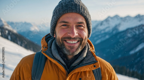 A bearded man in a vibrant yellow jacket stands confidently, emanating a sense of strength and warmth