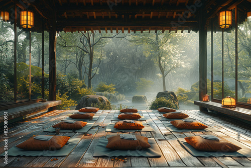A peaceful meditation retreat set amidst tranquil forest surroundings, where participants find inner peace and spiritual renewal. Concept of mindfulness and introspection. Generative Ai. photo